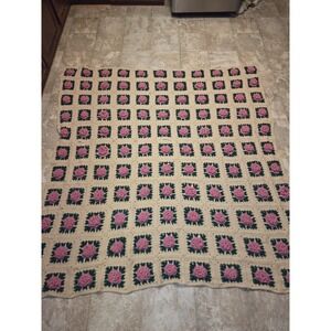 Vintage Handmade Granny Square Rose Afghan 76in x 76in